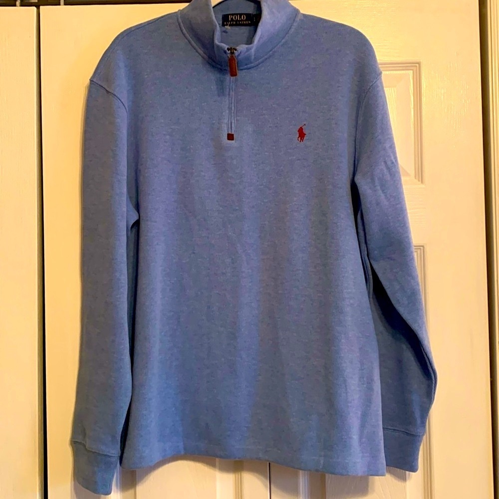 RALPH LAUREN, POLO, Crew sweater quarter zip in cornflower blue, size la…